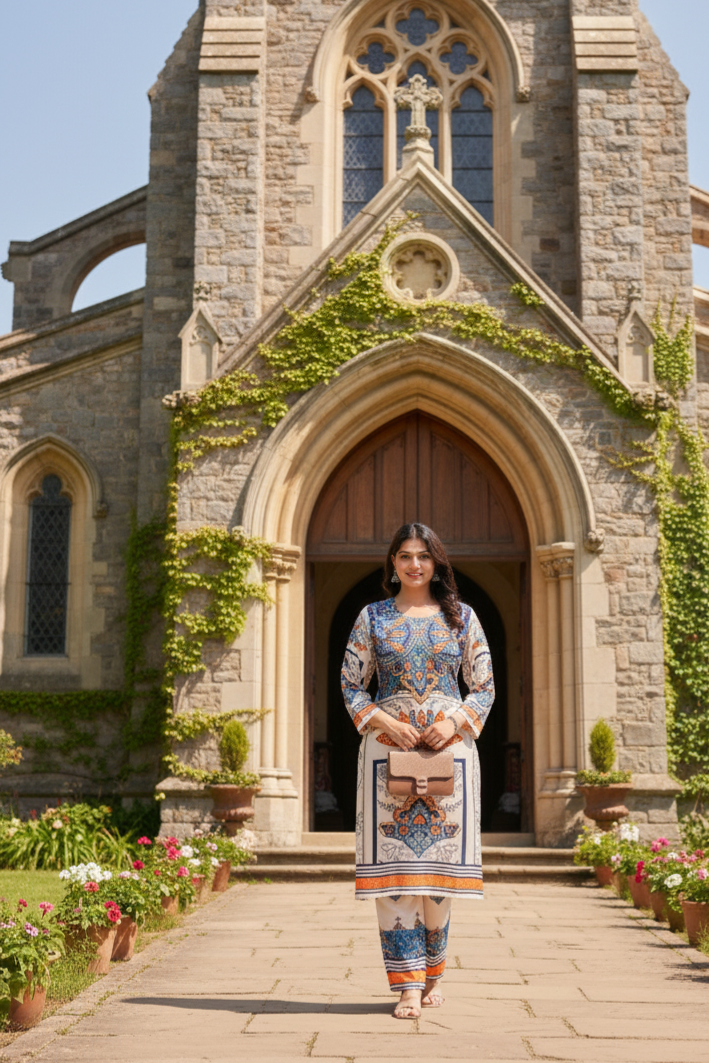 Sanjh Collection Pure Muslin Printed Kurta Set – Timeless Evening Elegance